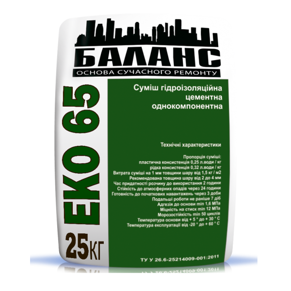 Купити Гідроізоляційна суміш цементна Баланс ЕКО 65 25 кг